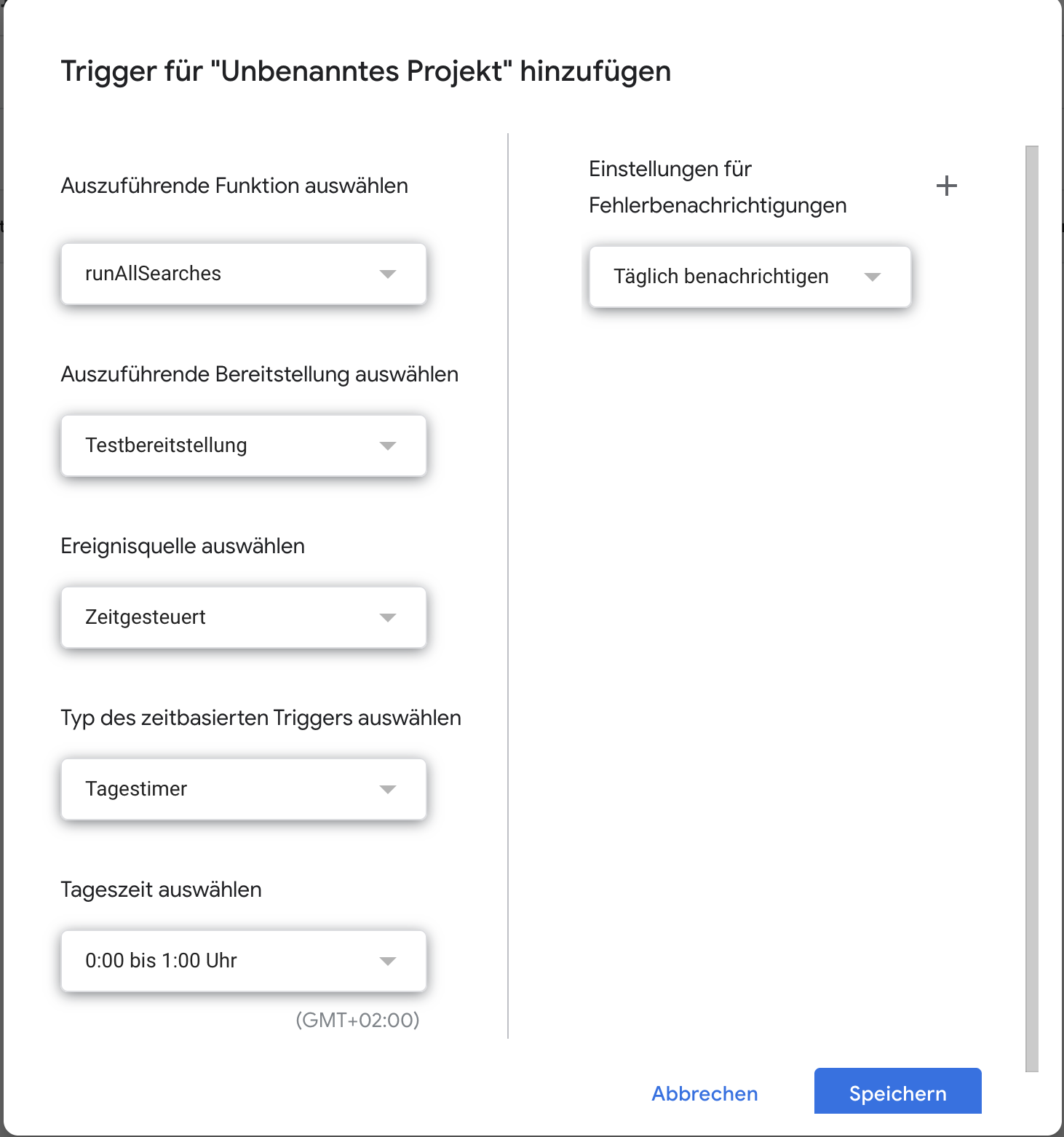 Screenshot des Apps Script Editors: Maske, in der mithilfe von mehreren Dropdowns ein Trigger konfiguriert werden kann.