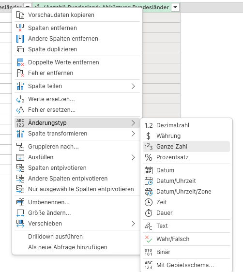 Screenshot User Interface um den Datentyp einer Spalte eines Power Query Tables zu ändern