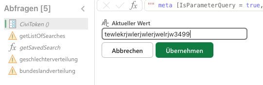 Screenshot User Interface um den CiviToken Parameter zu editieren
