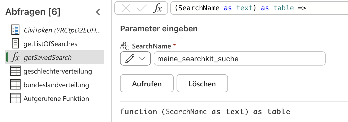 Screenshot User Interface um die Funktion getSavedSearch auszuführen