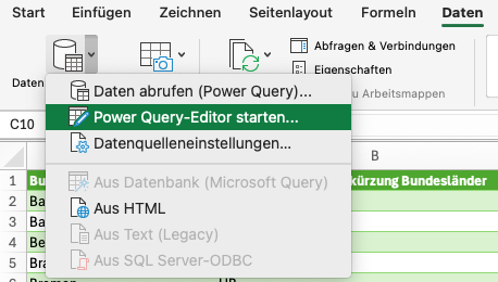 Screenshot User Interface um den Power Query Editor zu starten